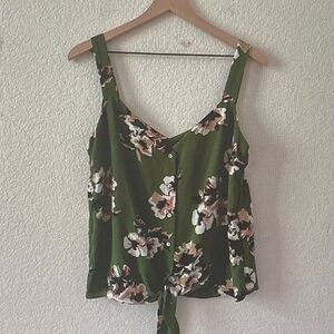 1. State Olive Green Floral Tie-Front Tank